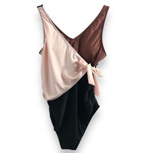 Women’s Colorblock One-Piece Swimsuit with Side Tie - Pink, Brown & Black